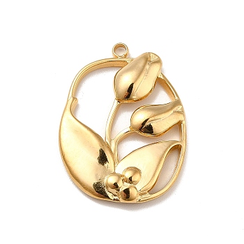 Ion Plating(IP) 304 Stainless Steel Pendants, Oval with Flower, Real 18K Gold Plated, 23.5x17x3mm, Hole: 1.5mm