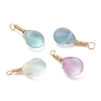 Natural Fluorite Pendants, with Golden Copper Wire Findings, Teardrop, Mixed Color, 20~20.5x9x7mm, Hole: 2mm