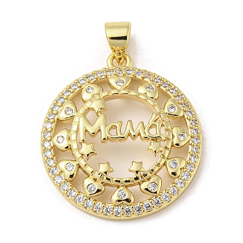Mother's Day Theme Rack Plating Brass Micro Pave Cubic Zirconia Pendants, Long-Lasting Plated, Lead Free & Cadmium Free, Flat Round, 25x22x4.5mm, Hole: 5x3mm