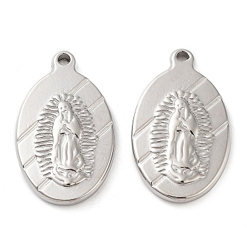 Non-Tarnish 304 Stainless Steel Pendants, Oval with Saint Charm, Stainless Steel Color, 23x14x2.8mm, Hole: 1.4mm