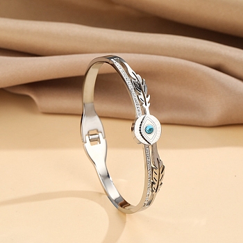 Resin Eye Hinged Bangle with Rhinestone, 304 Stainless Steel Jewelry for Women, Stainless Steel Color, Inner Diameter: 2-3/8x2 inch(6.1x5cm)