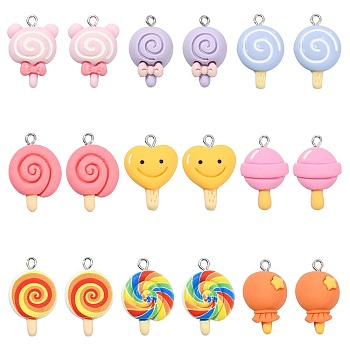 36Pcs 9 Styles Opaque Resin Pendants, Imitation Food, with Platinum Tone Iron Loops, Lollipop Charm, Mixed Color, 27.5x19.5x8.5mm, Hole: 2.2mm, 4pcs/style
