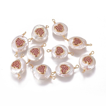 Natural Pearl Links connectors, with Cubic Zirconia and Brass Findings, Flat Round with Heart, Golden, Fuchsia, 22~25x13~15x7~10mm, Hole: 1.6mm