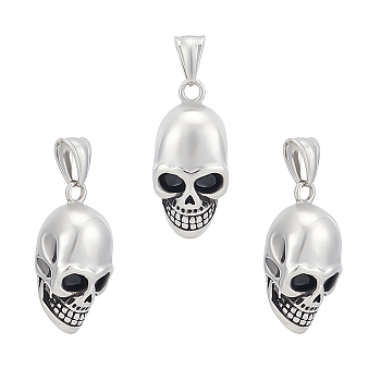 3Pcs 304 Stainless Steel Pendants, Skull, Antique Silver, 32x15x12mm, Hole: 5x7mm