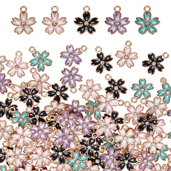 100Pcs 5 Style Alloy Enamel Pendants, with Crystal Rhinestone, Sakura Flower, Mixed Color, 17x14x2.5~3mm, Hole: 1.6~1.8mm, 20pcs/style