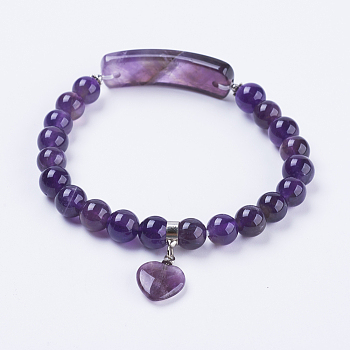 Natural Amethyst Stretch Bracelets, with Alloy Findings, Heart, 2-3/8 inch(61mm)