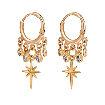 Star Brass Dangle Huggie Hoop Earrings, Clear Cubic Zirconia Drop Chandelier Earrings for Women, Golden, 36mm, Pin: 0.8mm