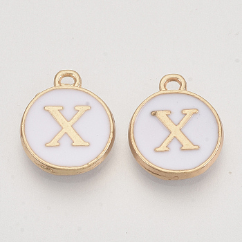 Golden Plated Alloy Charms, Cadmium Free & Lead Free, with Enamel, Enamelled Sequins, Flat Round with Letter, White, Letter.X, 14x12x2mm, Hole: 1.5mm