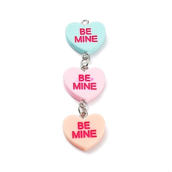 Valentine's Day Opaque Resin Big Pendants, with Platinum Plated Iron Findings, Three Heart Charms with Word BE MINE, Colorful, 68x18.5x4mm, Hole: 2mm