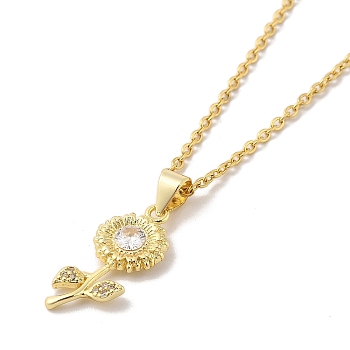 304 Stainless Steel Pendant Necklaces,Brass Micro Pave Cubic Zirconia Pendant, Flower, 17.52 inch(44.5cm) Pendant: 22.5x10.5mm