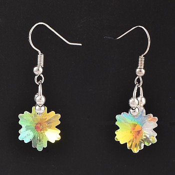 Flower Glass Dangle Earrings, with Brass Earring Hooks, Colorful, 37.5x12.5mm, Pin: 0.6mm