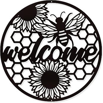 Iron Wall Art Decorations, for Front Porch, Living Room, Kitchen, Matte Style, Word Welcome, Bees Pattern, 300x1mm