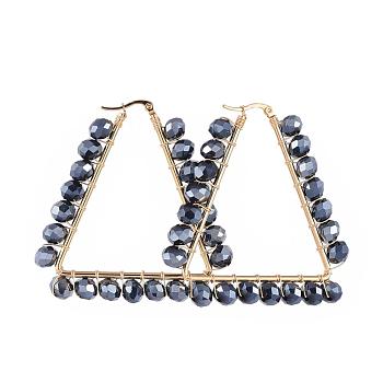 304 Stainless Steel Hoop Earrings, Beaded Hoop Earrings, with Handmade Glass Beads and Cardboard Box, Triangle, Black, 60x57x8mm, Pin: 0.8x1mm