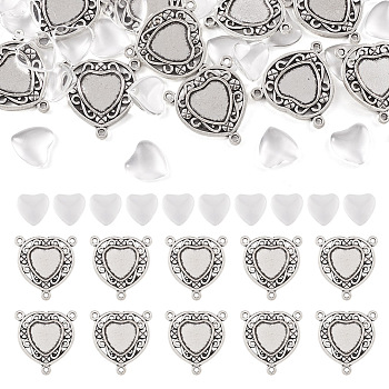 DIY Chandelier Component Link Making Kits, including 10Pcs Tibetan Style Alloy Cabochon Settings & Transparent Glass Cabochons, Heart, Antique Silver, 24x23x8mm, Hole: 1.5mm