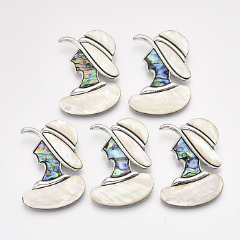 Abalone Shell/Paua Shell Brooches/Pendants, with Alloy Findings and Resin Bottom, Woman, Platinum, Floral White, 53x39x10.5mm, Hole: 6x5mm, Pin: 0.6mm