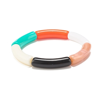 Acrylic Curved Tube Beaded Stretch Bracelet, Chunky Bracelet for Women, Orange, Inner Diameter: 2-1/8 inch(5.3cm)