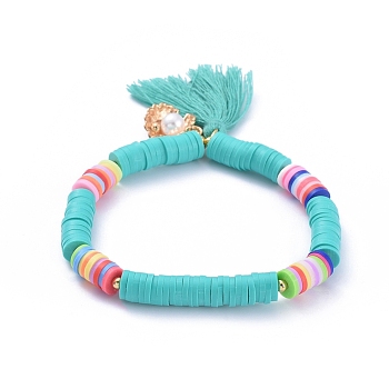Handmade Polymer Clay Heishi Beads Stretch Bracelets, with Cotton Thread Tassel Pendants and Alloy Charms, Shell with Pearl Shape, Medium Turquoise, 2-1/8 inch(5.5cm)