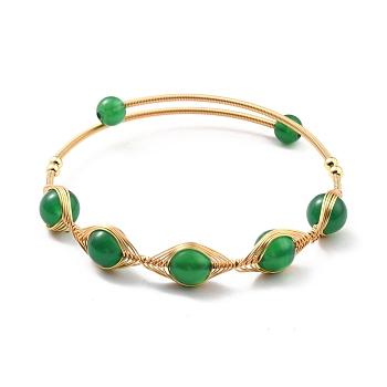 Natural Green Agate Wrapped Cuff Bangle, Golden Brass Torque Bangle for Women, Lead Free & Cadmium Free, Inner Diameter: 2-1/8 inch(5.5cm)