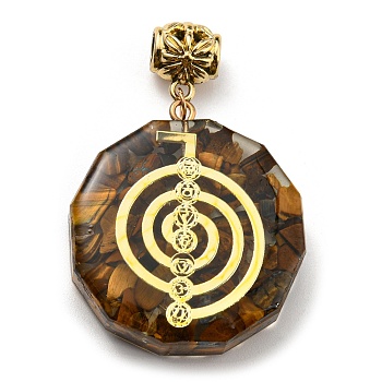 Natural Tiger Eye European Dangle Polygon Charms, Large Hole Pendant with Golden Plated Alloy Chakra Slice, 53mm, Hole: 5mm, Pendant: 39x35x11mm