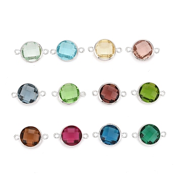 Brass Glass Links Connectors, Long-Lasting Plated, Lead Free & Nickel Free & Cadmium Free, Faceted, Flat Round, Real Platinum Plated, Mixed Color, 16.5x11x5mm, Hole: 1.4mm