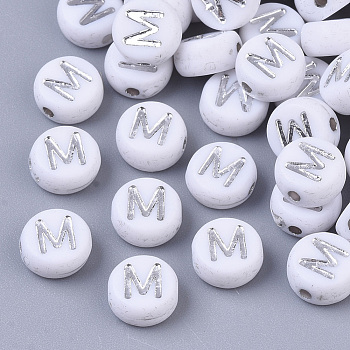 Plating Acrylic Beads, Silver Metal Enlaced, Horizontal Hole, Flat Round with Letter, White, Letter.M, 7x4mm, Hole: 1.2mm, about 3600pcs/500g.