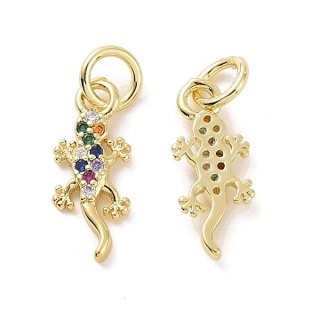 Brass Micro Pave Colorful Cubic Zirconia Charms, with Jump Ring, Gecko, Real 18K Gold Plated, 15x5x2mm, Hole: 3.2mm