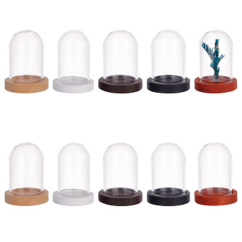 Elite 10Pcs Mini Glass Domes, with 10Pcs 5 Colors Flat Round Natural Wood Cabochon Settings, for Cloche Bell Jars, Mixed Color, Glass Dome: 29x20mm, Inner Diameter: 16.3mm