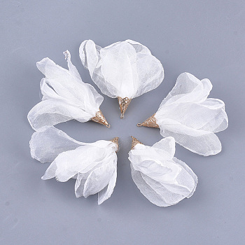 Polyester Big Pendants, with Iron Findings, Flower, Light Gold, White, 63~67x10mm, Hole: 1.5~2mm