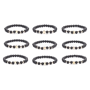 9Pcs 9 Style Bear & Cross & Moon & Crown & Heart & Butterfly Brass Beaded Stretch Bracelets Set, Natural Lava Rock Essential Oil Stackable Bracelets for Women, Golden, Inner Diameter: 2-1/8 inch(5.45cm), 1Pc/style(BJEW-JB08905)