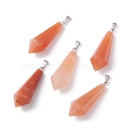 Natural Red Aventurine Pointed Pendants, with Platinum Plated Brass Loops, Bullet, 35.3~38x13~14mm, Hole: 6.5x2.8mm(G-I314-02P-03)
