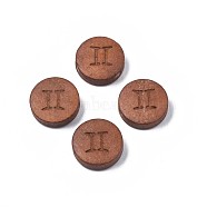 Laser Engraved Wood Beads, Flat Round with 12 Constellations, Dyed, Camel, Gemini, 12x4mm, Hole: 1.6mm(WOOD-S053-53K)