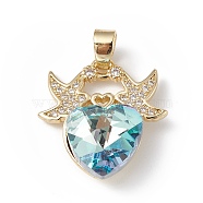 Real 18K Gold Plated Rack Plating Brass Micro Pave Cubic Zirconia Pendants, with Glass, Long-Lasting Plated, Cadmium Free & Lead Free, Two Birds with Heart, Light Sky Blue, 21x20x8mm, Hole: 5x3mm(KK-C015-03G-16)