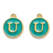Golden Plated Alloy Enamel Charms, Enamelled Sequins, Flat Round with Alphabet, Letter.U, Green, 14x12x2mm, Hole: 1.5mm(X-ENAM-Q437-15U)