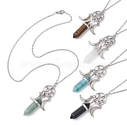 Natural & Synthetic Mixed Gemstone Bullet Pendant Necklace, Alloy Moon & Star Woven Net Necklace, 17.52 inch(44.5cm)(NJEW-JN04513)