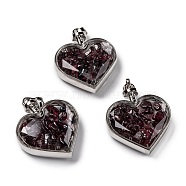 Glass Bottle Pendants, with Natural Garnet Chips and Platinum Plated Alloy Findings, Heart, 40x32.5x11mm, Hole: 8x5mm(G-Z010-02A)