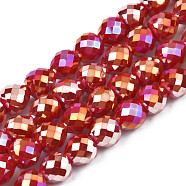 Electroplate Opaque Solid Color Glass Beads Strands, AB Color Plated, Faceted, Strawberry, Dark Red, 6x6mm, Hole: 1.4mm, about 100pcs/strand, 24.02 inch(61cm)(EGLA-N002-26-B02)