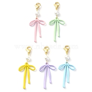 Bowknot Alloy Pendant Decorations,  Shell Pearl Beads and Lobster Claw Clasps Charms for Bag Ornaments, Mixed Color, 55mm(HJEW-JM02210)