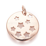 Brass Charms, Lead Free & Cadmium Free, Flat Round with Star, Rose Gold, 15x1.5mm, Hole: 3mm(ZIRC-E152-36RG-RS)