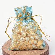 Rose Printed Organza Bags, Gift Bags, Rectangle, Light Sky Blue, 9x7cm(X-OP-R021-7x9-02)
