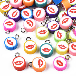 Handmade Polymer Clay Charms, with Platinum Plated Iron Loop, Flat Round with Mouth, Mixed Color, 12~13.5x9~10x4~5.5mm, Hole: 1.8mm(CLAY-N006-38)