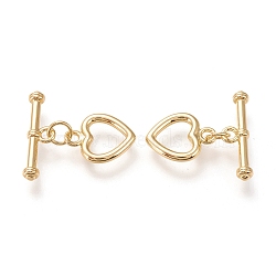 Brass Toggle Clasps, Long-Lasting Plated, Heart & Bar, Real 18K Gold Plated, Heart: 14x11x1.7mm, Hole: 1.8mm, Bar: 20x6x3mm, Hole: 1.8mm(X-KK-F820-11G)