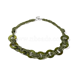 Spray Painted Disc Freshwater Shell & Acrylic Beaed Bib Necklaces, Dark Olive Green, 32.28 inch(82~82.5cm), 40mm(NJEW-S427-02D)