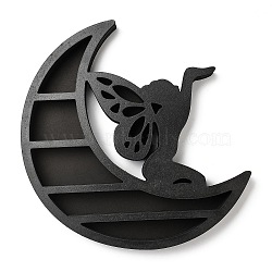 Wooden Shelf for Crystals, Witchcraft Floating Wall Shelf, Fairy & Moon, Black, 300mm(WICR-PW0004-007C)
