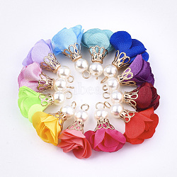 Iron Pendants, with Cloth and ABS Plastic Imitation Pearl, Flower, Golden, Mixed Color, 25~32x15~25mm, Hole: 1~4mm(FIND-T033-07)
