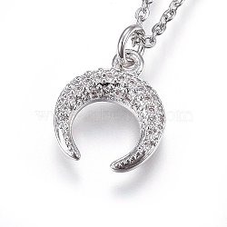304 Stainless Steel Pendant Necklaces, with Cubic Zirconia, Double Horn/Crescent Moon, Clear, Stainless Steel Color, 17.71 inch(45cm)(NJEW-L146-07P)
