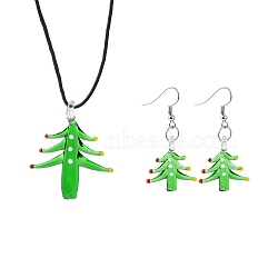 Handmade Lampwork Jewelry Sets, Christmas tree, about 48mm wide, 54mm long, hole: 7mm, Earring: 21mm wide, 27mm long, hole: 4mm(X-DP223J-4)