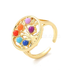Colorful Resin Beaded Tree of Life Open Cuff Ring, Brass Jewelry for Women, Golden, US Size 6 3/4(17.1mm)(RJEW-G274-02G)