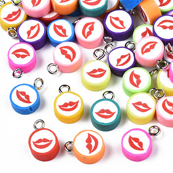 Handmade Polymer Clay Charms, with Platinum Plated Iron Loop, Flat Round with Mouth, Mixed Color, 12~13.5x9~10x4~5.5mm, Hole: 1.8mm