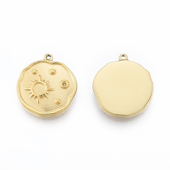 Ion Plating(IP) 304 Stainless Steel Pendant Rhinestone Settings, Flat Round with Sun, Real 14K Gold Plated, Fit for 1mm Rhinestone, 17x15x3mm, Hole: 1mm