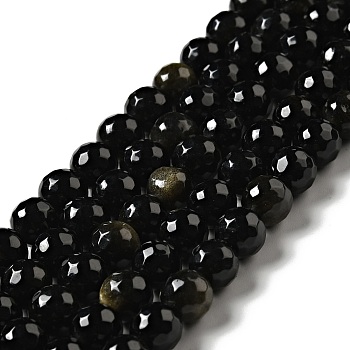 Natural Golden Sheen Obsidian Beads Strands, Round, Faceted, 7.5~8mm, Hole: 1.2~1.4mm, about 45~48pcs/strand, 14.65''~15.08''(37.2~38.3cm)